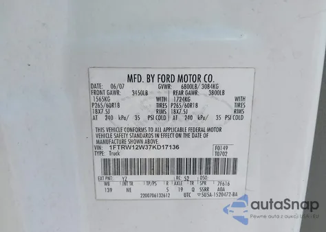 2007 Ford F-150 Xlt из США, поврежденный, VIN 1FTRW12W37KD17136